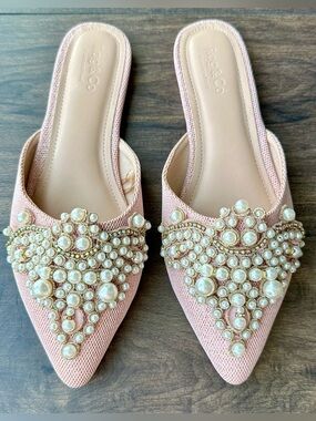 Rag & Co Astre Pearl Embellished Mules - Women Size 8 - Blush Pink Flat Shoes